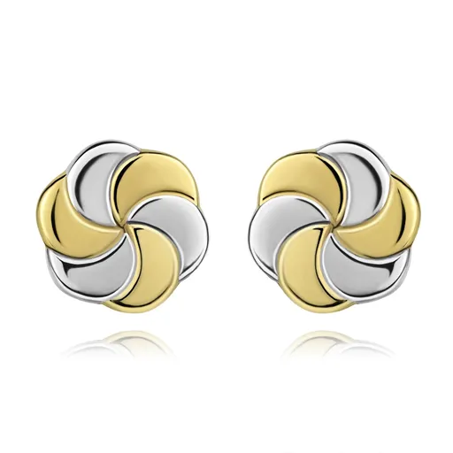 Zlaté 9K náušnice dvojfarebný kvet s gravírovanými lupeňmi