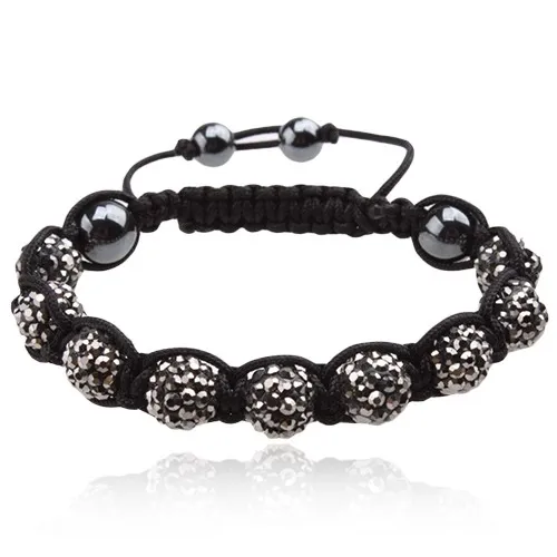 Náramok Shamballa - oceľovosivé zirkónové guľôčky, čierna šnúrka