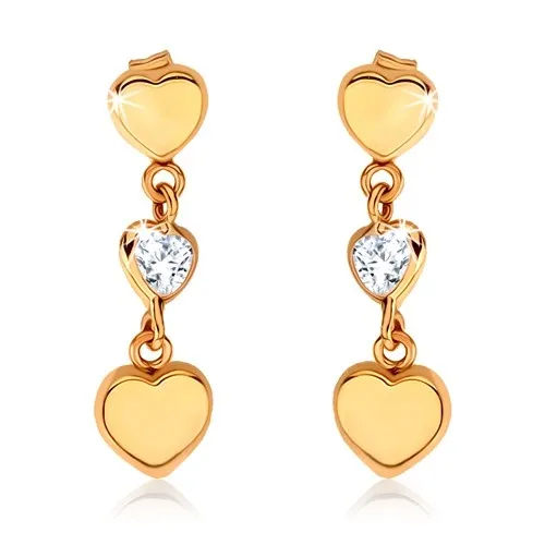 Zlaté 9K visiace náušnice s tromi symetrickými srdcami a čírym zirkónom