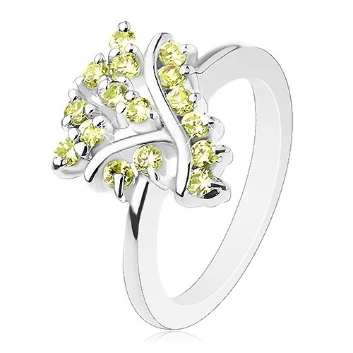 Prsteň so zúženými ramenami, hladké pásiky a trblietavé žltozelené zirkóniky - Veľkosť: 49 mm