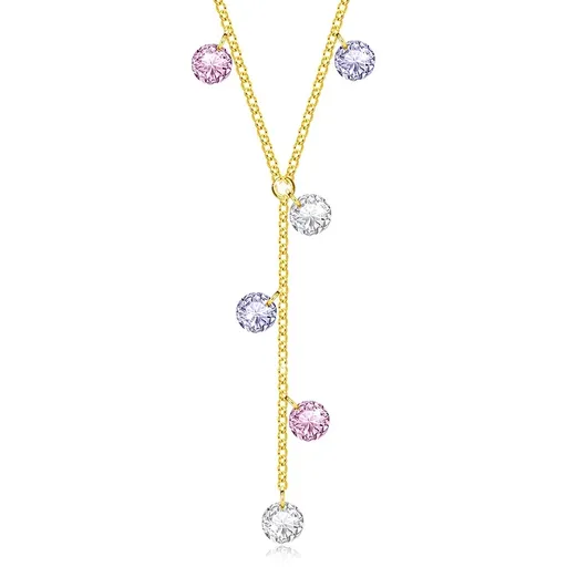 Náhrdelník z 925 striebra - zlatá farba, číre, ružové, levanduľové zirkóny