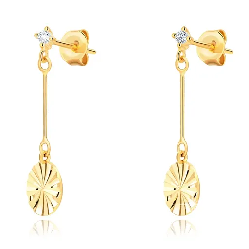 Zlaté náušnice 14K s lúčovým vzorom na kruhu a zirkónom