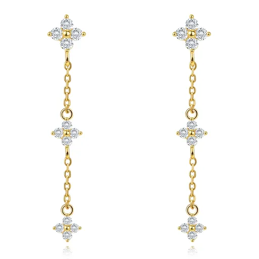 Visiace náušnice v žltom zlate 585 - zirkónové kvety, retiazka, puzetky