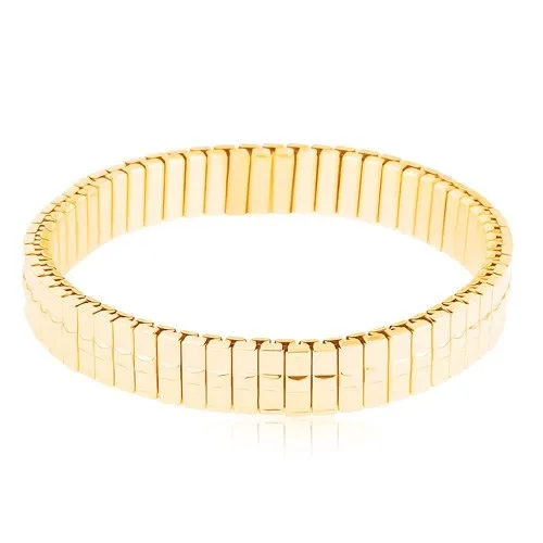 Oceľový náramok v zlatom odtieni, pružný, úzke dieliky so štvorčekom v strede