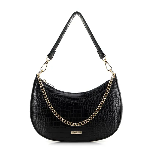 Damska torebka bagietka z łańcuszkiem croco czarno - złota 29-4Y-605-1G