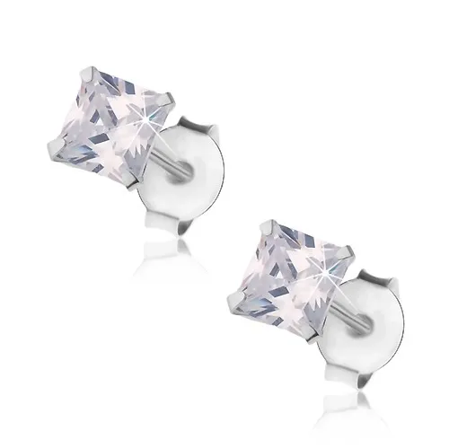 Puzetové náušnice, striebro 925, číry zirkónový štvorček, 4 mm