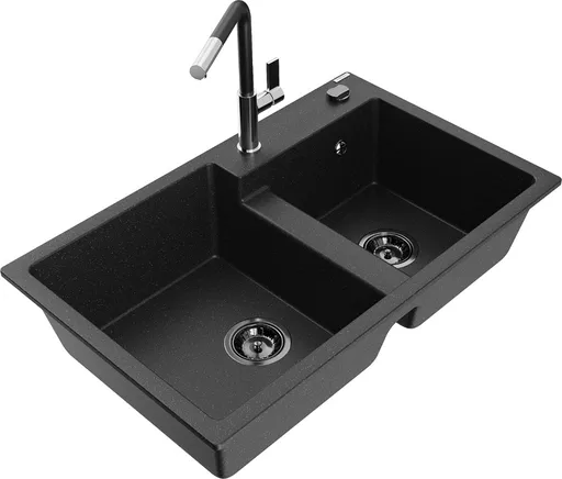 MEXEN/S MEXEN/S - Tomas granitový drez 2-bowl vrátane batérie Flora, čierna/srebrny metalik 6516-73-670401-07-B