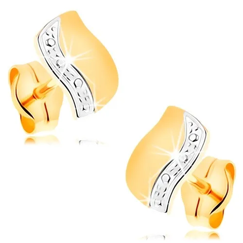 Náušnice v 14K zlate - dvojfarebná vlnka s líniou drobných bodiek