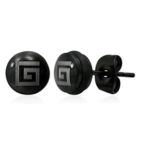 Puzetové oceľové náušnice s gréckym symbolom, čierne