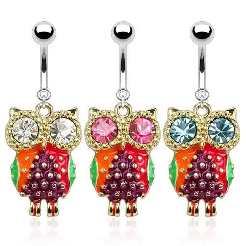Oceľový piercing do bruška, pestrofarebná sova, veľké zirkónové oči - Farba zirkónu: Aqua modrá - Q