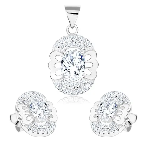 Set, striebro 925, prívesok a náušnice, číry oválny zirkón, motýľ, dvojitá obruba