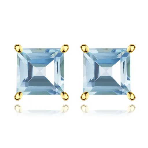 Náušnice v žltom 585 zlate - prírodný topás modrej farby, štvorec, puzety