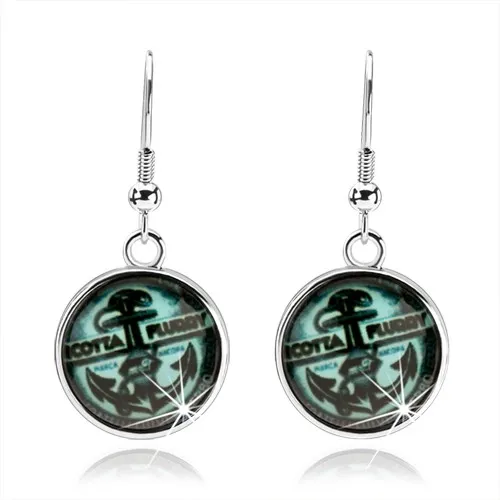 Náušnice striebornej farby, kabošon, námornícky motív, kotva, tyrkysový odtieň