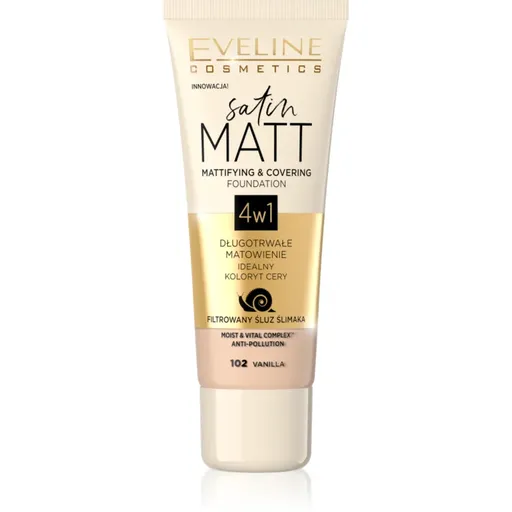 Eveline Cosmetics Satin Matt zmatňujúci make-up s extraktom zo slimáka odtieň 102 Vanilla 30 ml