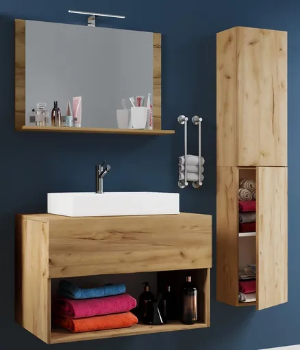 VCM 4dílná umyvadlová skříňka Lendas II 80 cm včetně zrcadla a vysoké skříňky, dub medový