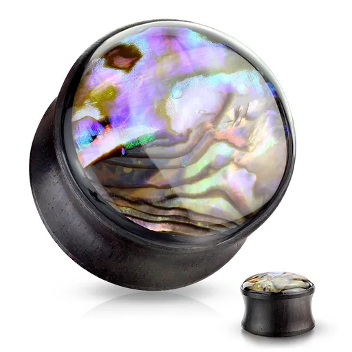 Plug do ucha z dreva - čiernohnedá farba, priehľadná glazúra s viacfarebným podkladom - Hrúbka: 14 mm