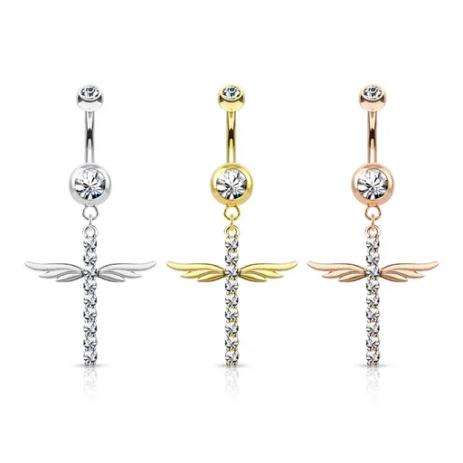 Oceľový 316L piercing do bruška, ródiovaný - okrídlený kríž, okrúhle číre zirkóny, 1,6 mm - Farba: Medená