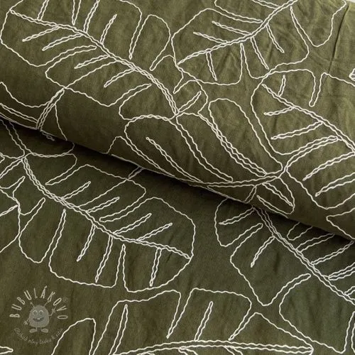 Viskóza s ľanom EMBROIDERY Leaves forest green