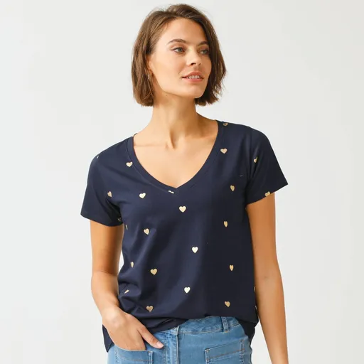 Tričko s celopotlačou srdiečok, výstrihom do V a krátkymi rukávmi