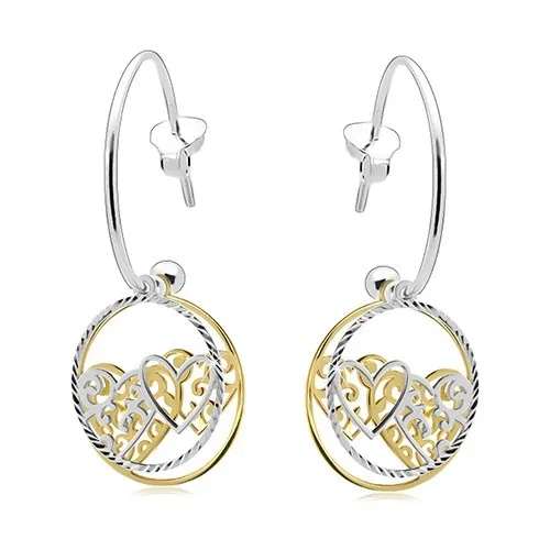 Náušnice zo striebra 925, neúplný kruh, obruče so srdiečkami, dvojfarebné