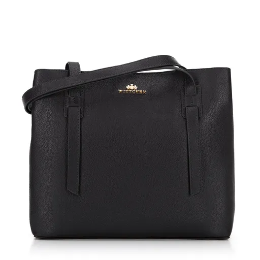 Dámska kožená shopper kabelka s dekoratívnymi rúčkami čierna 99-4E-016-1