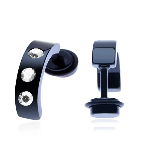 Falošný oceľový plug - čierny oblý pás, tri zirkóny