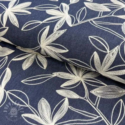 Bavlnená látka JEANS Embroidery Flowers white
