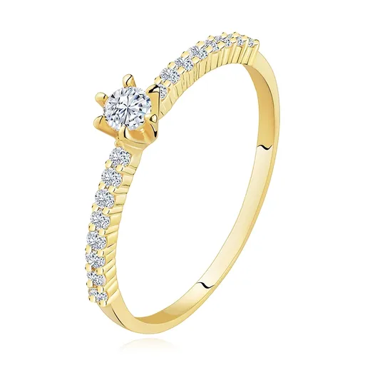 Prsteň zo žltého 14K zlata - číre zirkónové línie, vystupujúci okrúhly zirkón - Veľkosť: 59 mm