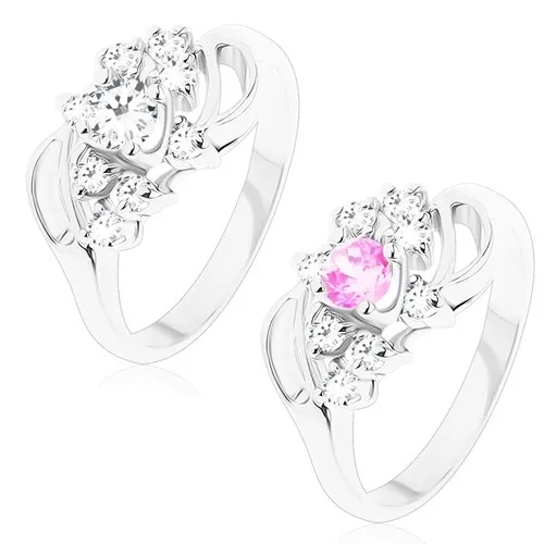 Lesklý prsteň s ohnutými ramenami so zárezom, okrúhly stred, číre zirkóniky - Veľkosť: 49 mm, Farba: Číra