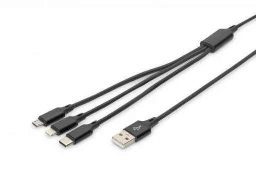 USB nabíjací kábel, 3 v 1, USB A - Lightning+micro B+Type-C 1m, kábel, bavlna, CE, bl