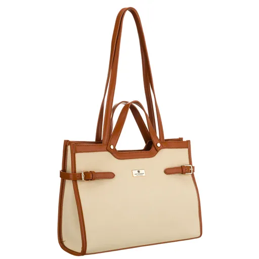 Klasická veľká dámska kabelka Peterson v hnedej a ecru farbe s prepracovanými detailmi