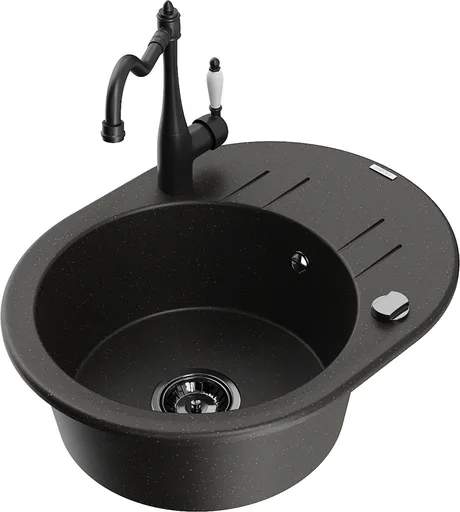 MEXEN/S MEXEN/S - Kevin granitový drez 1-miska s odkvapkávačom vrátane batérie Carla, čierna/zlatá metalik 6517-75-670700-70-B