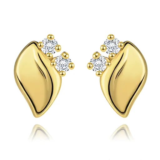 Diamantové náušnice zo žltého 14K zlata - dva číre brilianty, lesklý lístoček