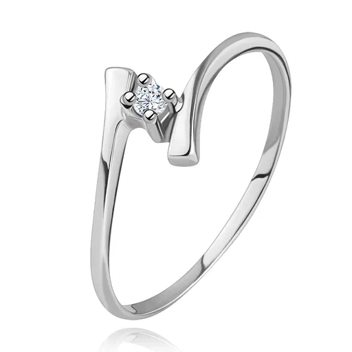 Zlatý prsteň 585 - žiarivý číry briliant, tenké zahnuté ramená, biele zlato - Veľkosť: 59 mm