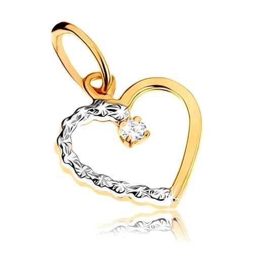 Zlatý prívesok 375 - kontúra súmerného dvojfarebného srdiečka, číry kamienok