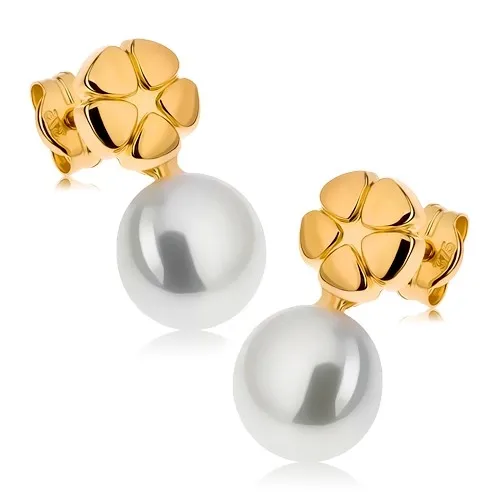 Zlaté náušnice 9K kvet s bielou kultivovanou perlou