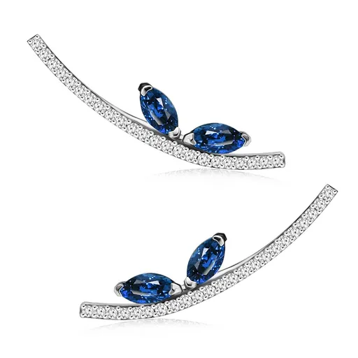 Náušnice v bielom 9K zlate - oblúk, modré zirkóny v tvare zrnka, číre zirkóniky, prevliekacie