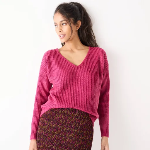 Voľný pulóver s hladkým vzorom a výstrihom do V, mohérový na dotyk