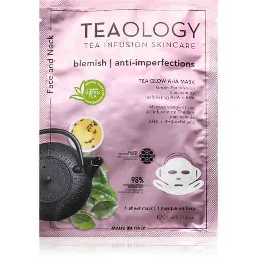 Teaology Tea Glow Blemish AHA Purifying Mask plátenná maska s čistiacim a osviežujúcim účinkom na krk a dekolt 21 ml