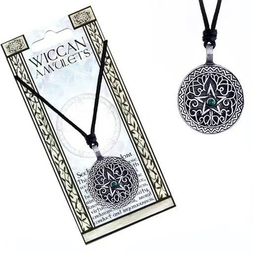 Čierna šnúrka na krk a prívesok - ornamenty v kruhu, hviezda, zelený zirkón