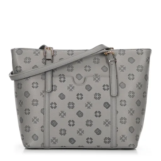 Dámska nákupná kabelka z imitácie kože s reliéfnym podpisom, sivá 101-4Y-P05-8