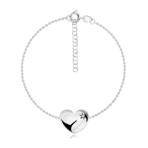 Briliantový náramok zo striebra 925 - vypuklé srdce, hviezda Polárka, číry diamant