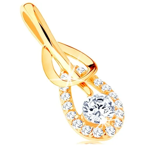 Prívesok zo žltého 14K zlata - hladká a zirkónová kontúra slzy, číry zirkón