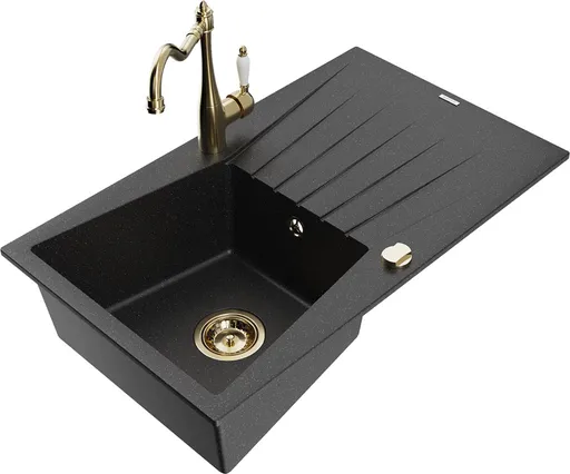 MEXEN/S MEXEN/S - Cesar granitový drez 1-miska s odkvapkávačom vrátane batérie Carla, čierna/strieborná metalík 6514-73-670700-50