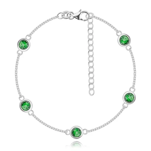 Náramok z 925 striebra - okrúhle zirkóny zelenej farby, hladký lem