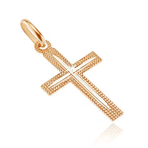 Prívesok zo 14K zlata - kríž, vrúbkovaný povrch s tenkým zárezom v cípoch