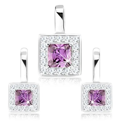 Strieborný 925 set náušníc a prívesku, fialový zirkónový štvorec, číry lem