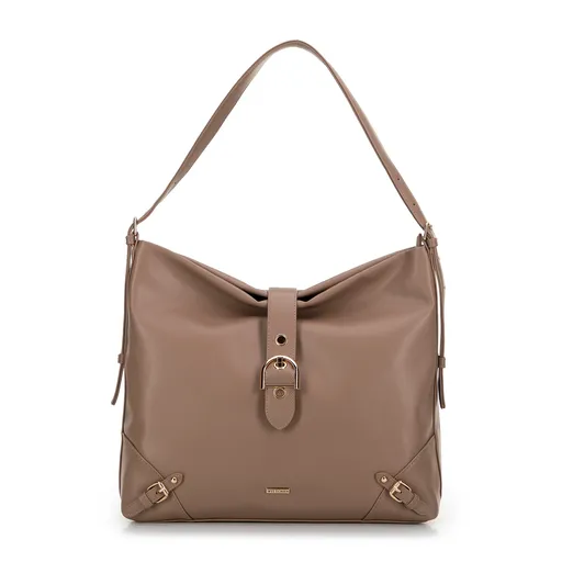 Torebka worek z ekoskóry z ozdobnym zapięciem beżowa 99-4Y-518-9