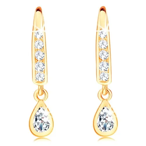 Náušnice v žltom 14K zlate - háčik vykladaný zirkónmi, slzička s čírym stredom