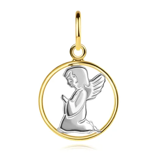 Dvojfarebný zlatý prívesok 585 - gravírovaný anjelik, kontúra kruhu